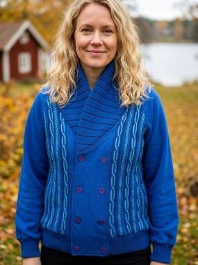 Vintage Lady Foot Locker Blue Double Breasted Shawl Collar Knit Cardigan Coastal